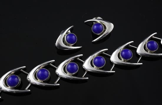 A 1970s stylish suite of Danish sterling silver and blue cabochon jewellery by Arne Johansen (1954-1976), Roskilde.